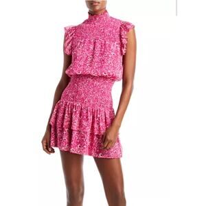 Aqua Pink Smocked Ruffle Mini Dress Gold Dot Floral Sleeveless Size L